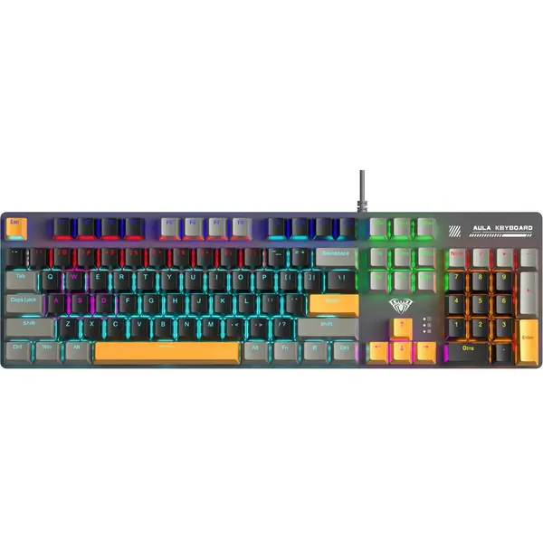 AULA S500 Mechanical Keyboard, 100% Layout, Zoned RGB Lighting, 104 Full-size keys, Black & Grey