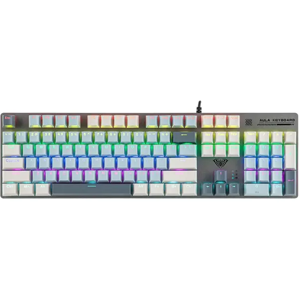 AULA S500 Mechanical Keyboard, 100% Layout, Zoned RGB Lighting, 104 Full-size keys, Blue and Grey