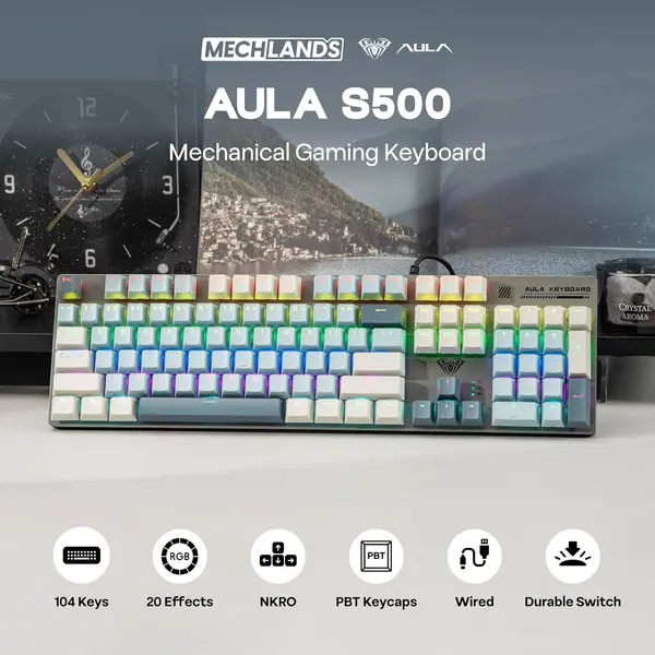 AULA S500 Mechanical Keyboard, 100% Layout, Zoned RGB Lighting, 104 Full-size keys, Blue and Grey