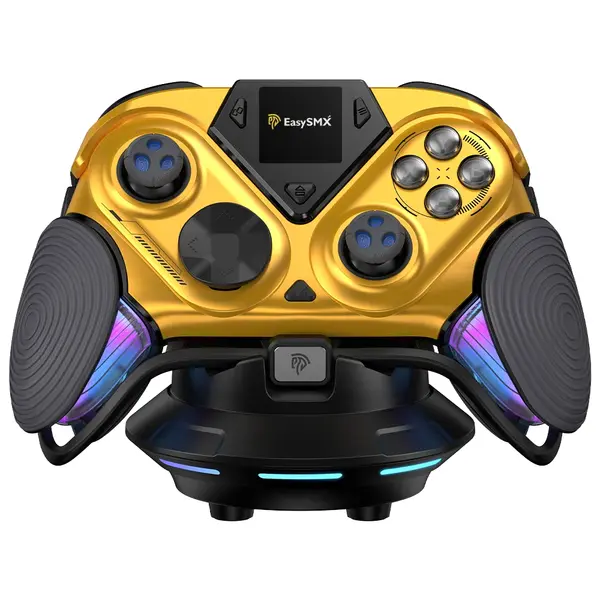 EasySMX D15 Dune 8K Wireless PC Gaming Controller, 8000Hz Polling Rate, 1.3 Inch LCD Screen, TMR Joysticks, RGB, with Magnetic Charging Dock - Gold