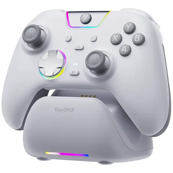 EasySMX X05 Pro Wireless Gaming Controller with Charging Dock | Hall Effect Joysticks, Ultra-Quiet Buttons, 2-Stage Triggers, 1000Hz Polling, Programmable - White