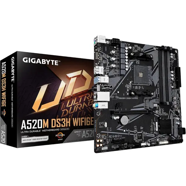 Gigabyte A520M DS3H WIFI6E AMD AM4 DDR4 MicroATX Motherboard | 1x PCIe 3.0 M.2 Slot, Wi-Fi 6E, Bluetooth 5.3, 1 GbE LAN, USB 3.2 Gen 1