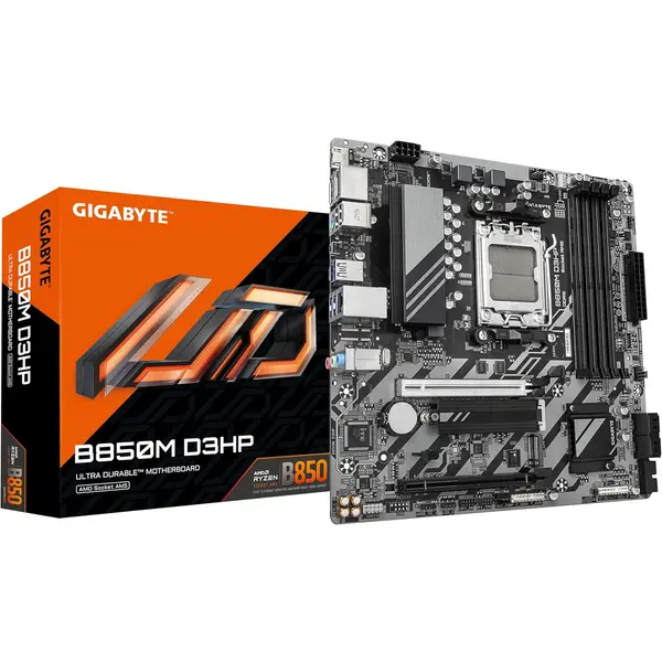 Gigabyte B850M D3HP AMD AM5 DDR5 MicroATX Motherboard - AMD Ryzen 9000 Series CPUs, 5+2+2 Phases Digital VRM, up to 8200MHz DDR5 (OC), 1xPCIe 5.0 + 1xPCIe 4.0 M.2, GbE LAN, USB 3.2 Gen 2