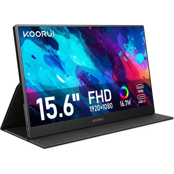 KOORUI E1511A Portable Monitor, 15.6" FHD IPS Display, 1080P 60Hz Resolution, HDMi + Type C Interface, LED Backlight, Built-In Speaker, Black