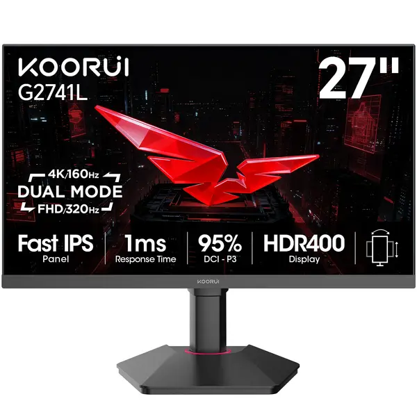KOORUI G2741L 27-Inch IPS 4K UHD Gaming Monitor, Dual-Mode - 4K 160Hz or FHD 320Hz, HDR40, 1 ms, 1.07B colors (8-bit+FRC), Adaptive Sync, Ergonomic Stand