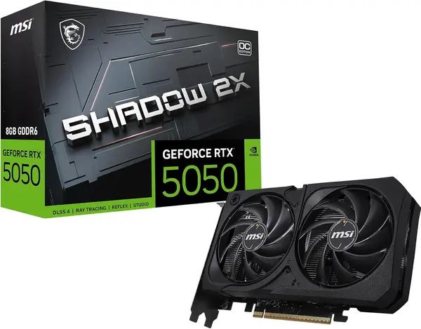 MSI RTX 5050 8G Shadow 2X OC Graphics Card (8GB GDDR6, 128-bit, Extreme Performance: 2617 MHz, DisplayPort x3 2.1a, HDMI 2.1b, NVIDIA Blackwell Architecture)