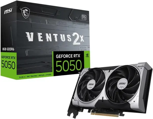 MSI GeForce RTX 5050 8G VENTUS 2X OC Graphics Card, 8GB GDDR6, 128-bit, Extreme Performance: 2617 MHz, DisplayPort x3 2.1a, HDMI 2.1b, NVIDIA Blackwell Architecture