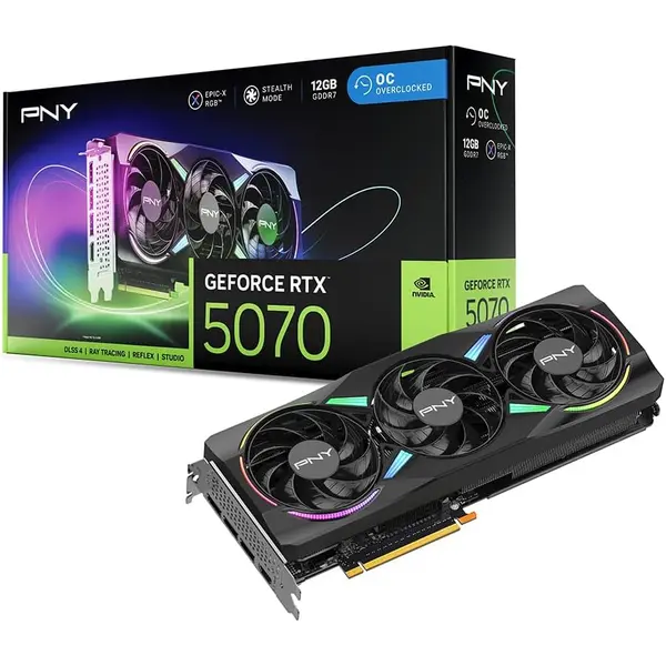 PNY GeForce RTX 5070 12GB ARGB EPIC-X RGB Overclocked Triple Fan Graphics Card, 12GB GDDR7, 192-bit, Boost Speed: 2685 MHz, SFF-Ready, PCIe 5.0, 2.4-Slot, NVIDIA Blackwell Architecture, DLSS 5