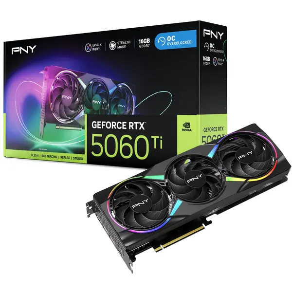 PNY GeForce RTX 5060 Ti 16GB EPIC-X RGB Overclocked Triple Fan Graphics Card, 16GB 128-Bit GDDR7, 2692 MHz Boost Clock, PCI Express 5.0 x8 - Black