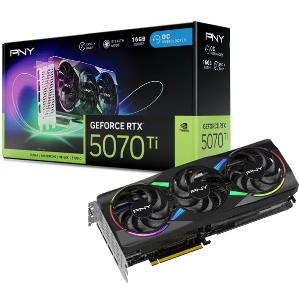 PNY GeForce RTX 5070 Ti ARGB EPIC-X RGB Overclocked Triple Fan Graphics Card, 16GB GDDR7, 256-bit, Boost Speed: 2640 MHz, PCIe 5.0, HDMI/DP 2.1, NVIDIA Blackwell Architecture, DLSS 5