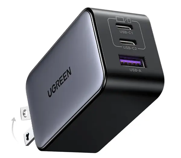 UGREEN 10334 Nexode 65W USB C Charger Block, 3-Port Wall Charger Fast Charging GaN II Chip, 3 in 1, Compact Size with Foldable Plug
