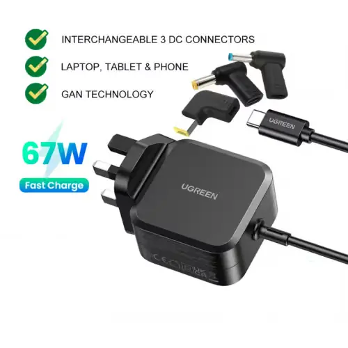 UGREEN 35063 67W GaN USB C Power Adapter (UK Plug) Universal Charger, With 3 Interchangeable DC Connectors For Phones and Laptop