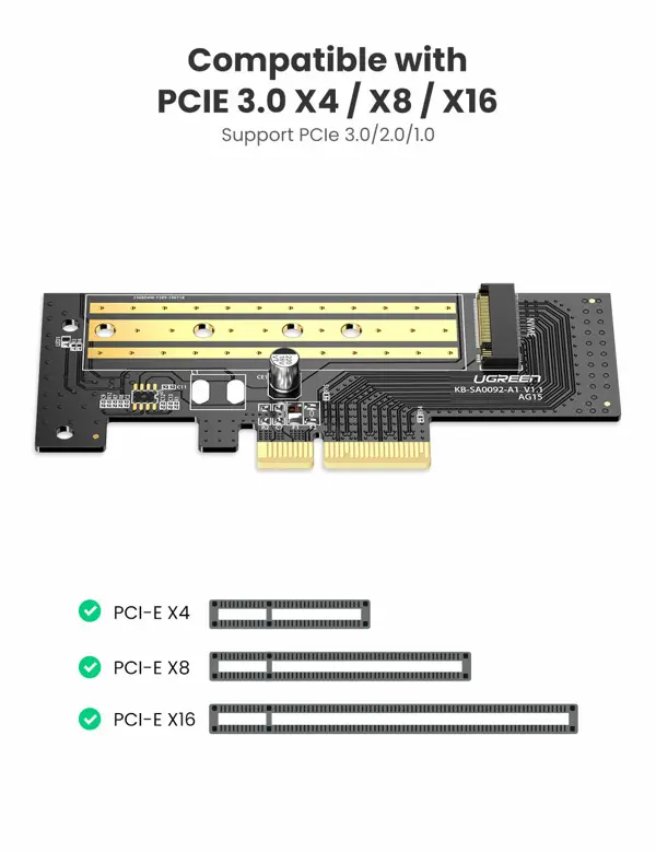 Ugreen 70503 M.2 NVME to PCI Express 3.0 x4 Adapter Card, Support M Key Solid State Drive Type 2280 2260 2242 2230 Converter to Desktop PCI Express