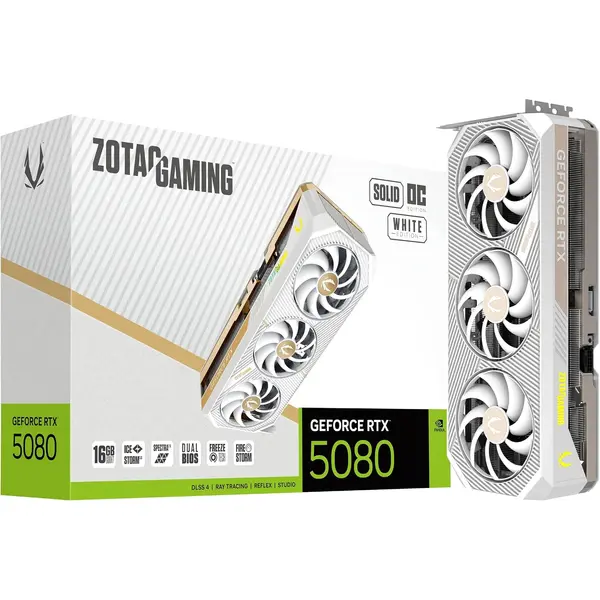 ZOTAC GAMING GeForce RTX 5080 SOLID OC White Edition Graphics Card, DLSS 5, 16GB GDDR7, 256-bit 30 Gbps, PCIE 5.0, IceStorm 3.0 Advanced Cooling, Spectra 2.0 ARGB Lighting - White