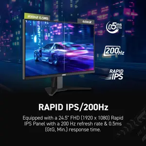 MSI MAG 255F E20 25-inch 1920 x 1080 (FHD) Gaming Monitor, 200Hz, Adaptive Sync, HDMI, DisplayPort, VESA Mountable, Tilt, Height Adjustable, Speaker, 0.5ms, Black