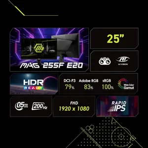 MSI MAG 255F E20 25-inch 1920 x 1080 (FHD) Gaming Monitor, 200Hz, Adaptive Sync, HDMI, DisplayPort, VESA Mountable, Tilt, Height Adjustable, Speaker, 0.5ms, Black