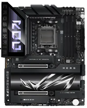 ASUS ROG Crosshair X870E Hero AMD X870E AM5 ATX Motherboard, Advanced AI PC Ready, 18+2+2 Power Stages, DDR5, PCIe® 5.0, 5X M.2, Wi-Fi 7, USB4®, AI Overclocking, Core Flex, PCIe Slot Q-Release Slim