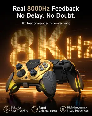EasySMX D15 Dune 8K Wireless PC Gaming Controller, 8000Hz Polling Rate, 1.3 Inch LCD Screen, TMR Joysticks, RGB, with Magnetic Charging Dock - Gold