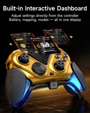 EasySMX D15 Dune 8K Wireless PC Gaming Controller, 8000Hz Polling Rate, 1.3 Inch LCD Screen, TMR Joysticks, RGB, with Magnetic Charging Dock - Gold