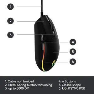 Logitech G102 Light Sync Gaming Mouse, Wired, 8000 DPI, 6 Programmable Buttons, RGB, Black