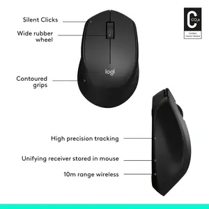 Logitech M331 Silent Plus Wireless Mouse, 2.4GHz with USB Nano Receiver, 1000 DPI Optical Tracking, 3 Buttons, PC/Mac/Laptop - Black