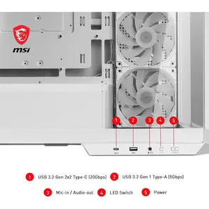 MSI MAG PANO M100R PZ Micro-ATX PC Case - 4x120mm ARGB Fans Pre-Installed with Hub Controller, USB 3.2 Gen 2x2 Type-C Port - White