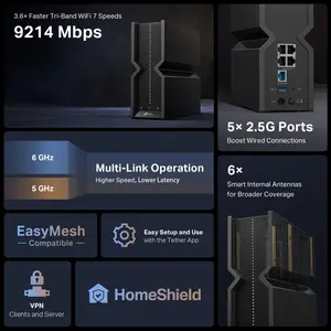 TP-Link Archer BE550 BE9300 Tri-Band Wi-Fi 7 Router | Wi-Fi 7, Multi-Link Operation, Full 2.5G Ports