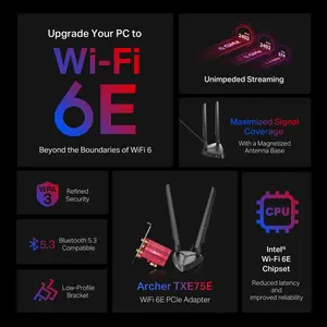 TP-Link Archer TXE75E AXE5400 Wi-Fi 6E Bluetooth 5.3 PCIe Adapter | Tri-Band 2402+2402+574 Mbps, 2x Multi-Directional Antennas, WPA3 Security
