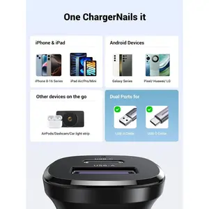 UGREEN 25845 30W USB C Dual Port Car Charger, USB-C PD 30W, USB-A QC 18W, Low Profile, Black