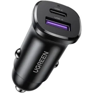 UGREEN 25845 30W USB C Dual Port Car Charger, USB-C PD 30W, USB-A QC 18W, Low Profile, Black