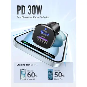 UGREEN 25845 30W USB C Dual Port Car Charger, USB-C PD 30W, USB-A QC 18W, Low Profile, Black