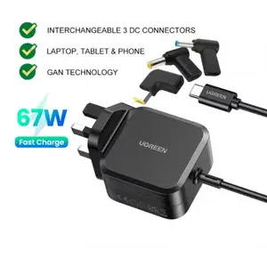 UGREEN 35063 67W GaN USB C Power Adapter (UK Plug) Universal Charger, With 3 Interchangeable DC Connectors For Phones and Laptop