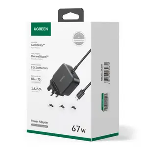 UGREEN 35063 67W GaN USB C Power Adapter (UK Plug) Universal Charger, With 3 Interchangeable DC Connectors For Phones and Laptop