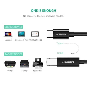 UGREEN 50446 USB Type-C to B Male Printing Cable, USB 2.0 Standard, Triple Shielding, 2m – Black