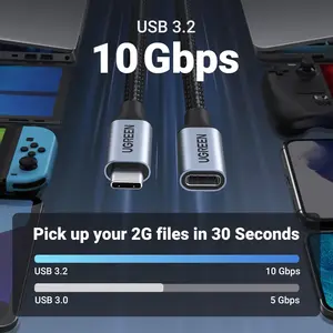 UGREEN USB-C Extension Cable, 100W PD Fast Charge, 10Gbps Fast Data Transfer, 4K 60Hz Display Output, USB 3.2 Type-C Extender, Male to Female, Silver, 0.5M, 80810
