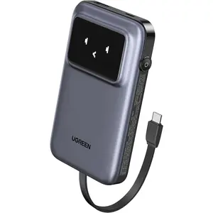 UGREEN Uno 10000mAh 30W Power Bank, Sleek Design & Smart TFT, 30W Two-Way Rapid Charging, Built-In USB C Cable