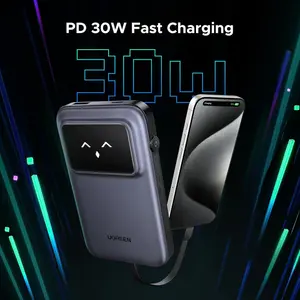 UGREEN Uno 10000mAh 30W Power Bank, Sleek Design & Smart TFT, 30W Two-Way Rapid Charging, Built-In USB C Cable