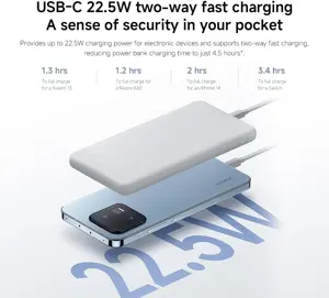 Xiaomi Power Bank 10000mAh 22.5W Lite, USB-C Fast Charging, Charges 3 Devices Simultaneously, Airline Approved, Compact External Battery for iPhone Android.