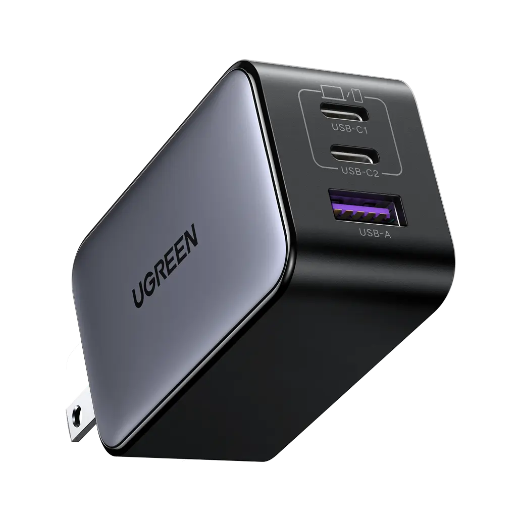 UGREEN 10334 Nexode 65W USB C Charger Block, 3-Port Wall Charger Fast Charging GaN II Chip, 3 in 1, Compact Size with Foldable Plug