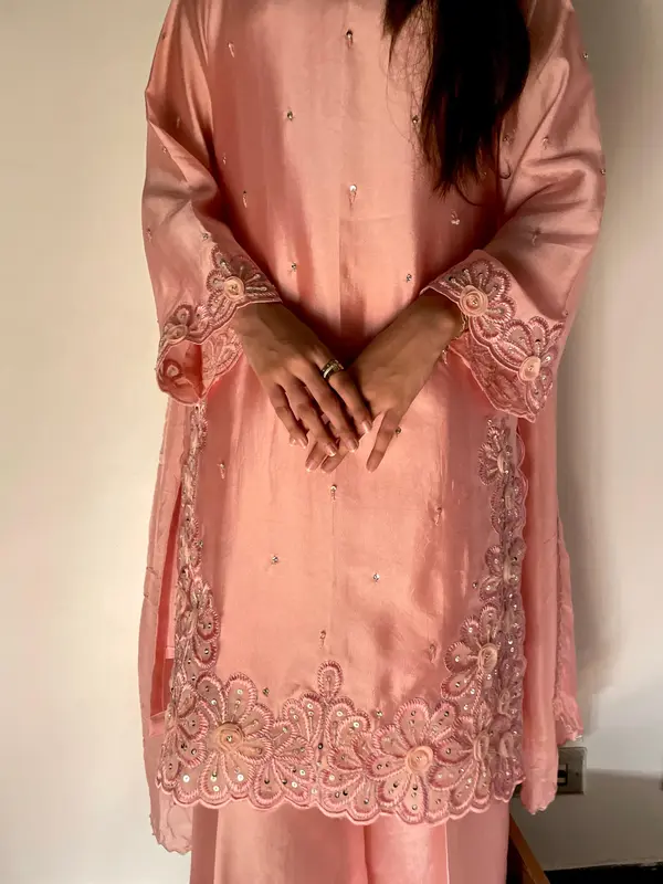 Dusty Rose Gold Shisha Silk Embroidered Formal Outfit