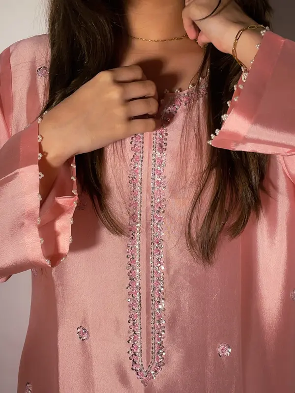 Pearl Rose Shisha Silk Formal Outfit with Pearl & Sequin Handwork Product Details: -