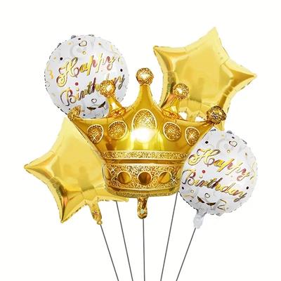 Grand Golden Crown Foil Balloon Set - 5 Pcs for Birthday Celebrations