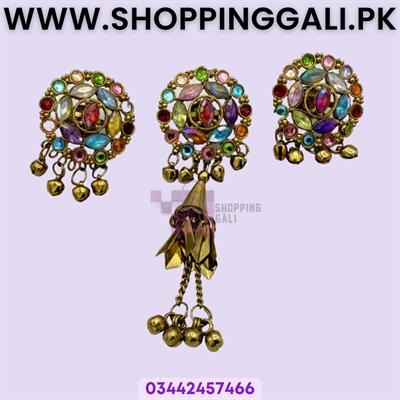 Vibrant Multi-Color Stone & Bell Kurta Pati Button Set - 3 Pcs