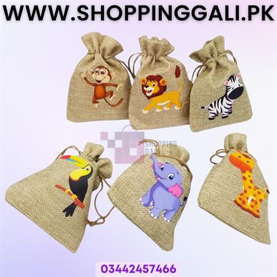 Jungle Party Jute Bags - 5 Inch x 4 Inch - Jute Pouches - Khaki - Unisex - Pack Of 6