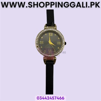 Classic Black Strap Women's Wristwatch with Embellished Dial - Preloved