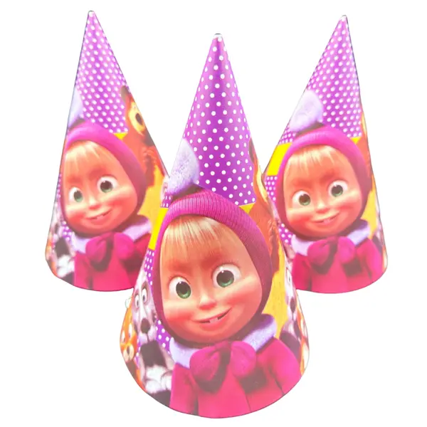 Masha And The Bear Birthday Party Caps - Large Size Party Caps - Purple And Multicolors - Pack Of 10