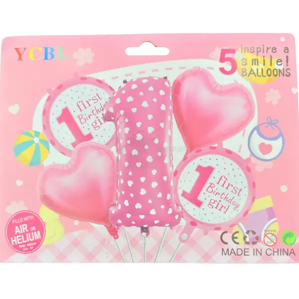 First Birthday Girl Foil Balloon - 18 inch - Pink - Girls - Pack Of 5 foil balloon