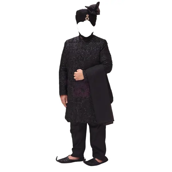 Preloved Baraat Dress For Groom - 38 Inch Height Sherwani With Accessories - Black - Men - Pack Of 1
