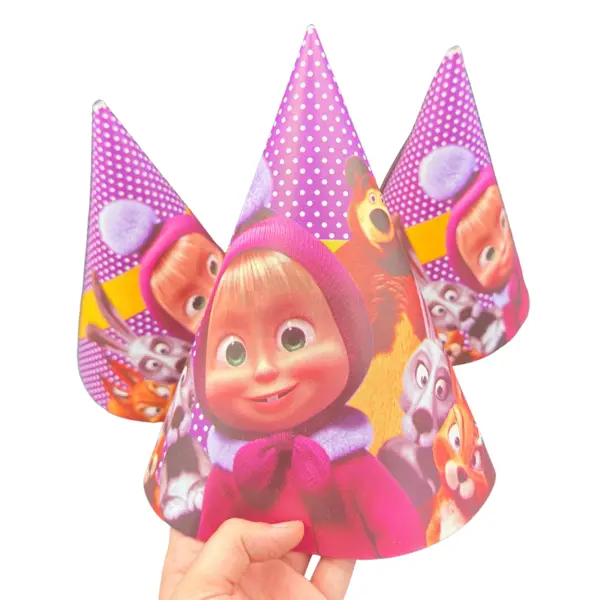 Masha And The Bear Birthday Party Caps - Large Size Party Caps - Purple And Multicolors - Pack Of 10