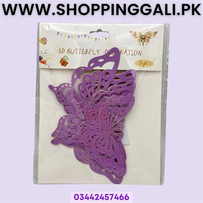 PURPLE COLOR 3D BUTTERFLY DECORATION STICKERS DIY WALL DECORATIONS NURSERY ROOM DECOR BUTTERFLY STICKS PACK OF 12 PCS